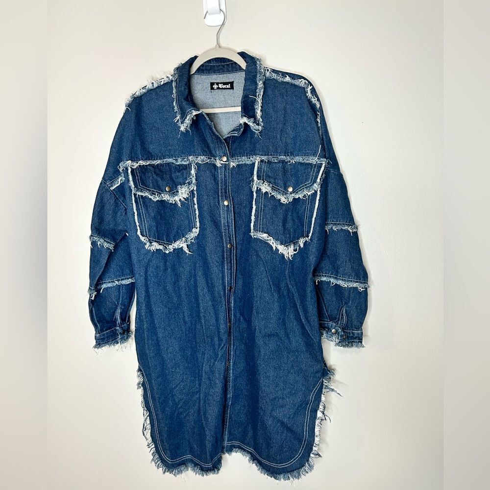 Vocal Denim Party Distressed Long Shacket - Picture 7 of 8